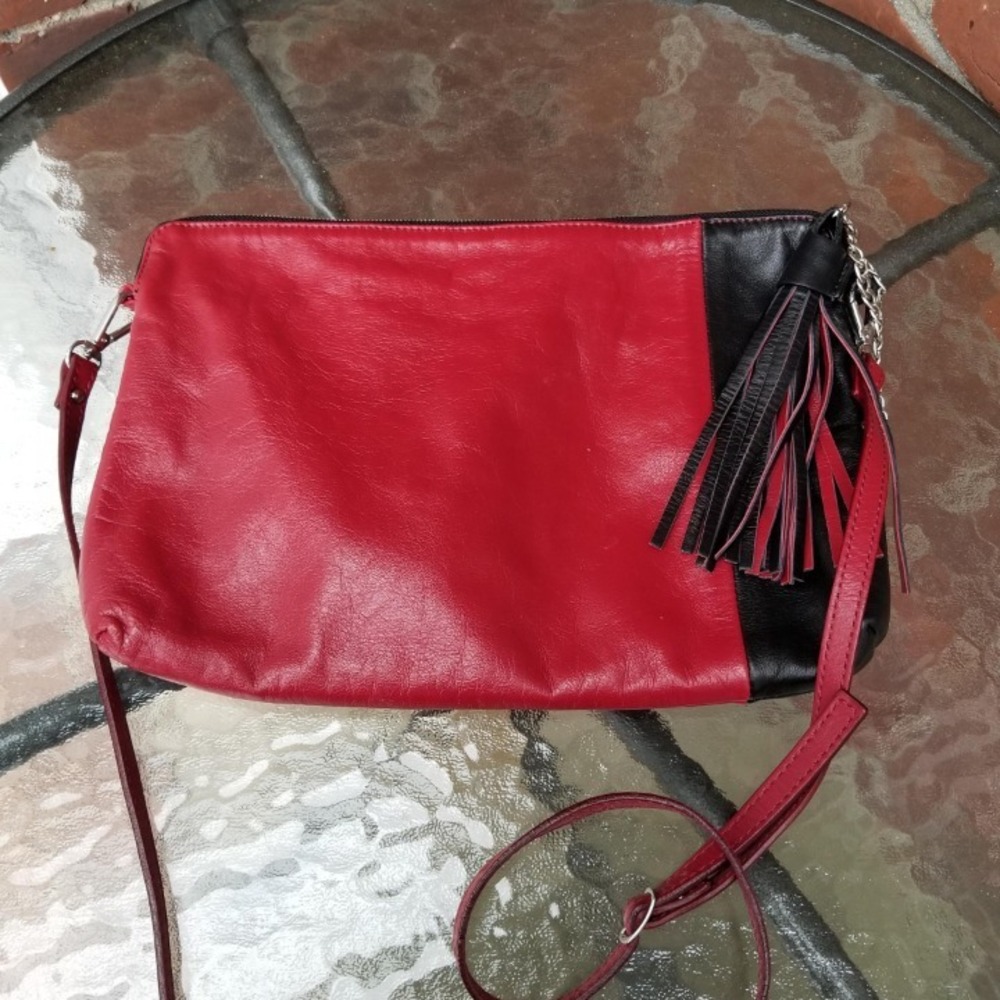 Nicoli Italy Red Black Leather Tassel Crossbody Bag Two Tone Made in Italy